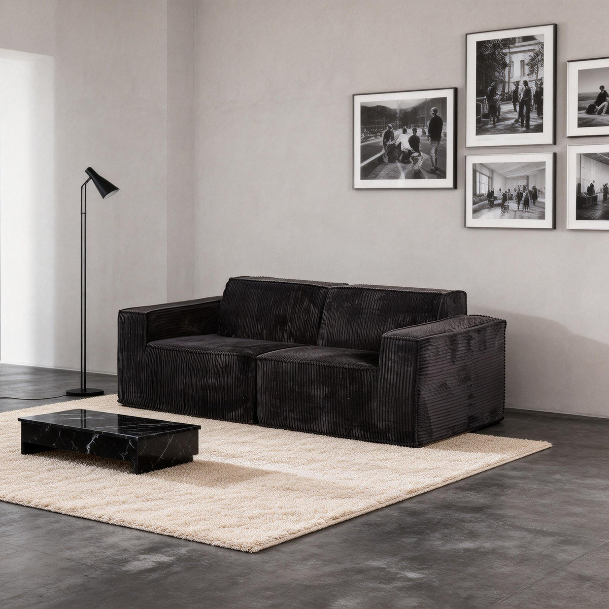 Black Corduroy Modular Compressed Sofa & Loveseat with Track Arms