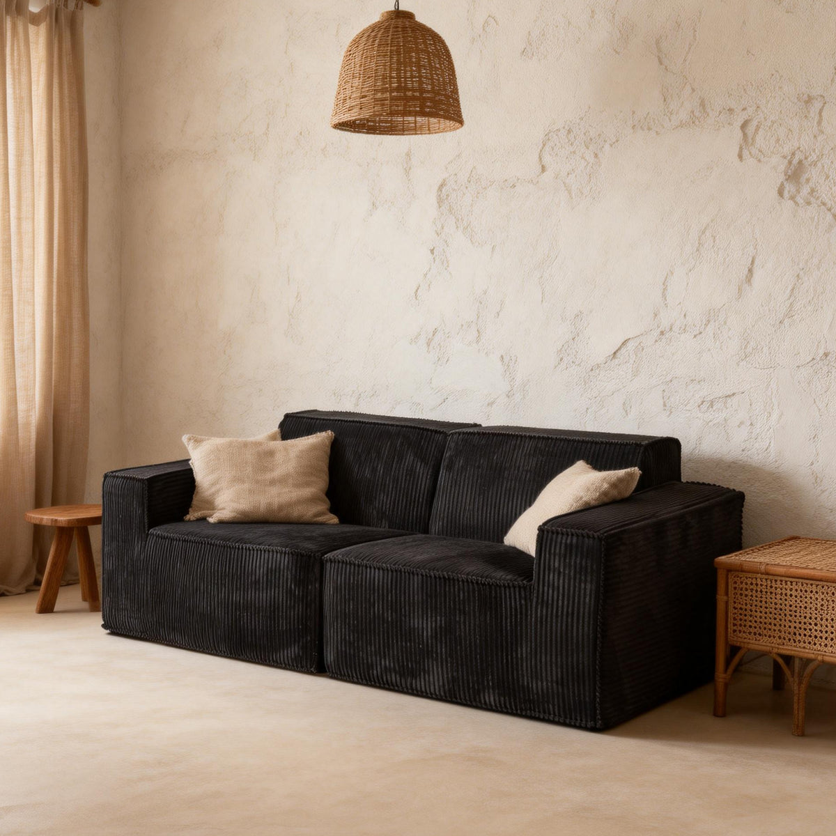 Black Corduroy Modular Compressed Sofa & Loveseat with Track Arms