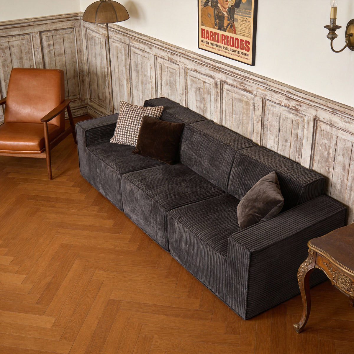 Black Corduroy Modular Compressed Sofa & Loveseat with Track Arms