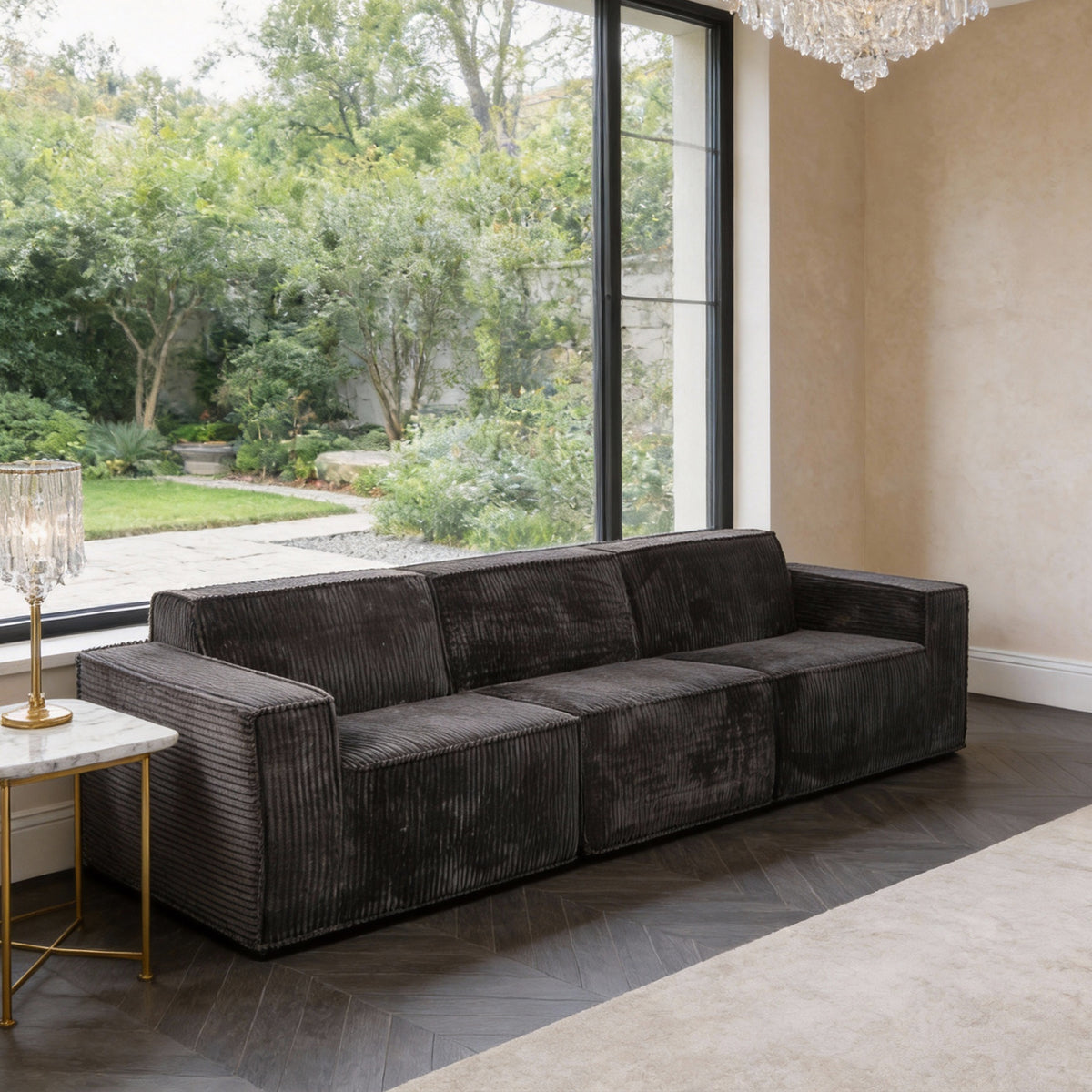 Black Corduroy Modular Compressed Sofa & Loveseat with Track Arms