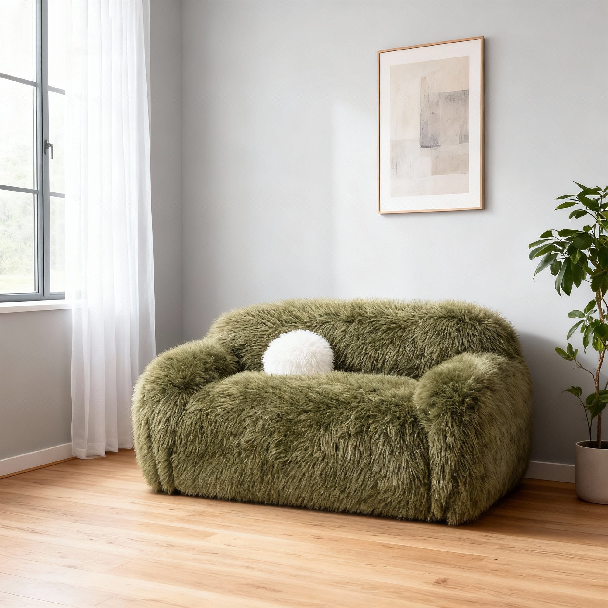 66 Inch Darwen Modern Faux Fur Loveseat with Ball Pillow