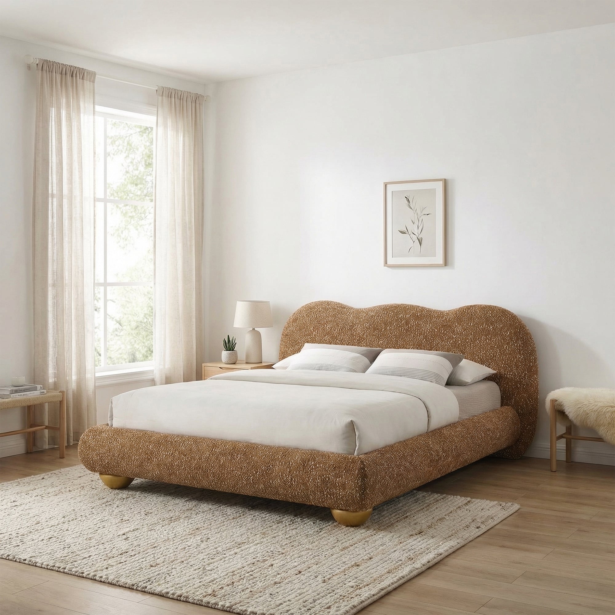 Finamore E.King & Queen Frame Platform Bed with Round Bun Wood Feet