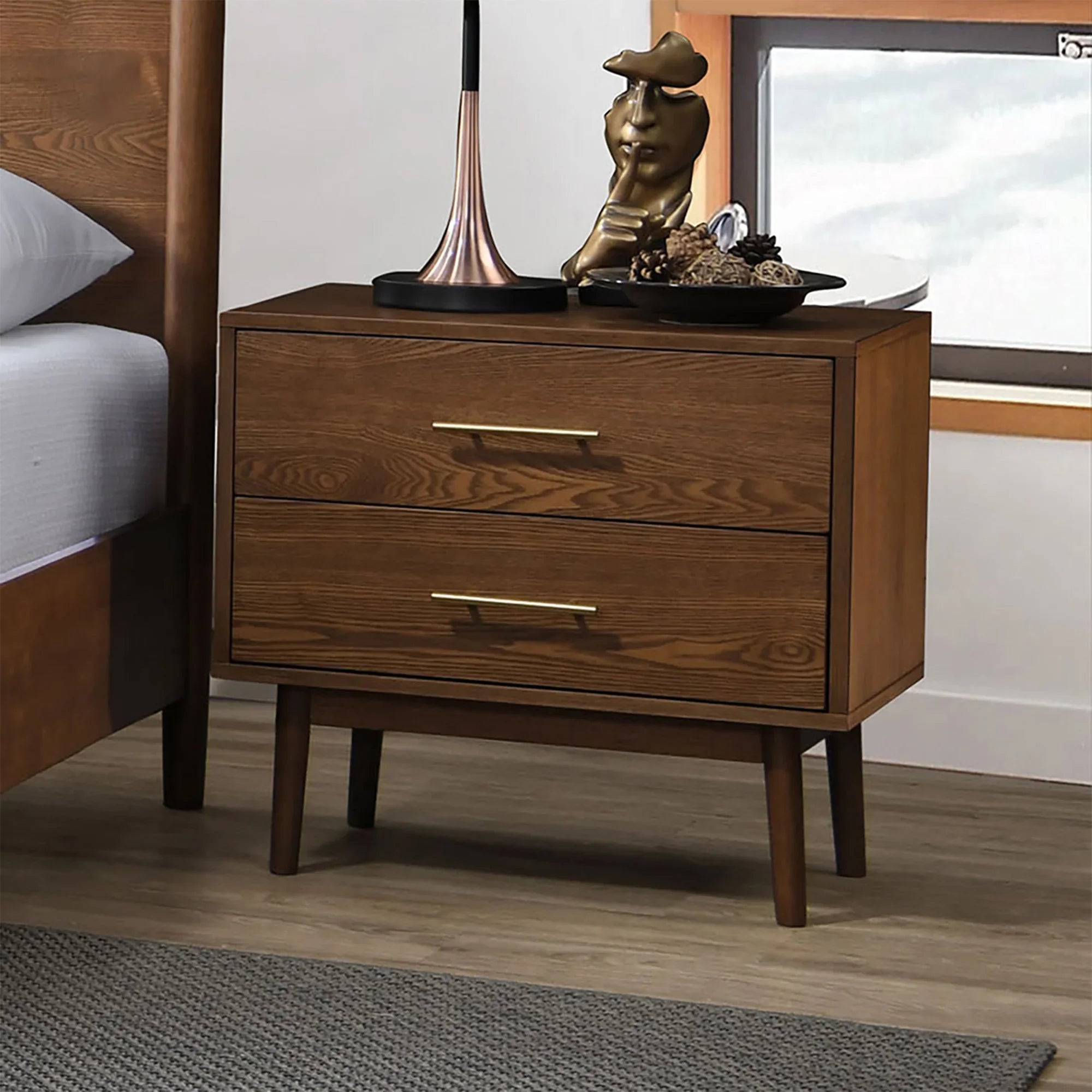 Tromso Mid-Century Modern 23" Walnut Nightstand with 2-Drawer and Round Tapered Legs