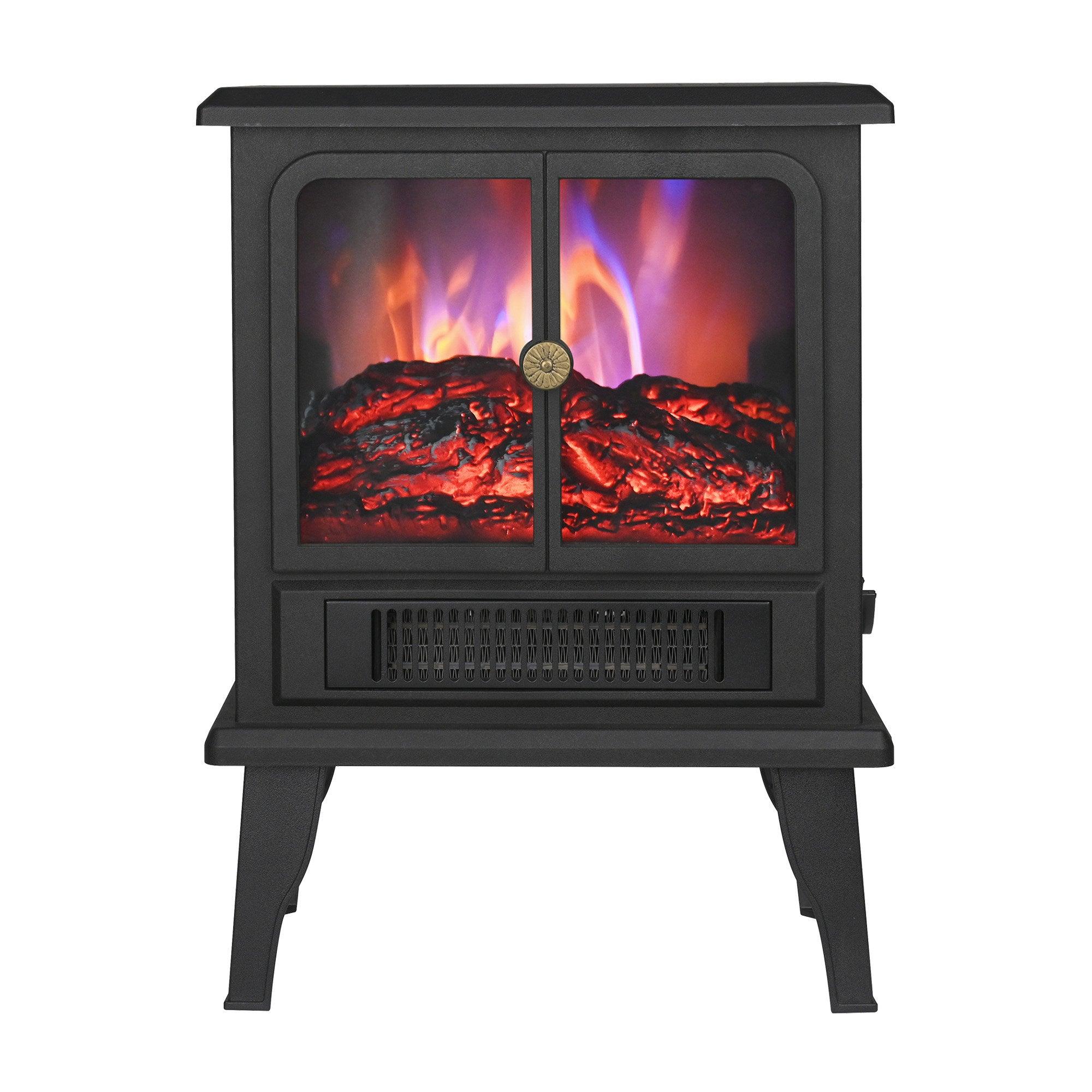 Black Electric Heater Free Standing Stove, 3D Flame Overheat Protection Adjustable Thermostat, 1500W