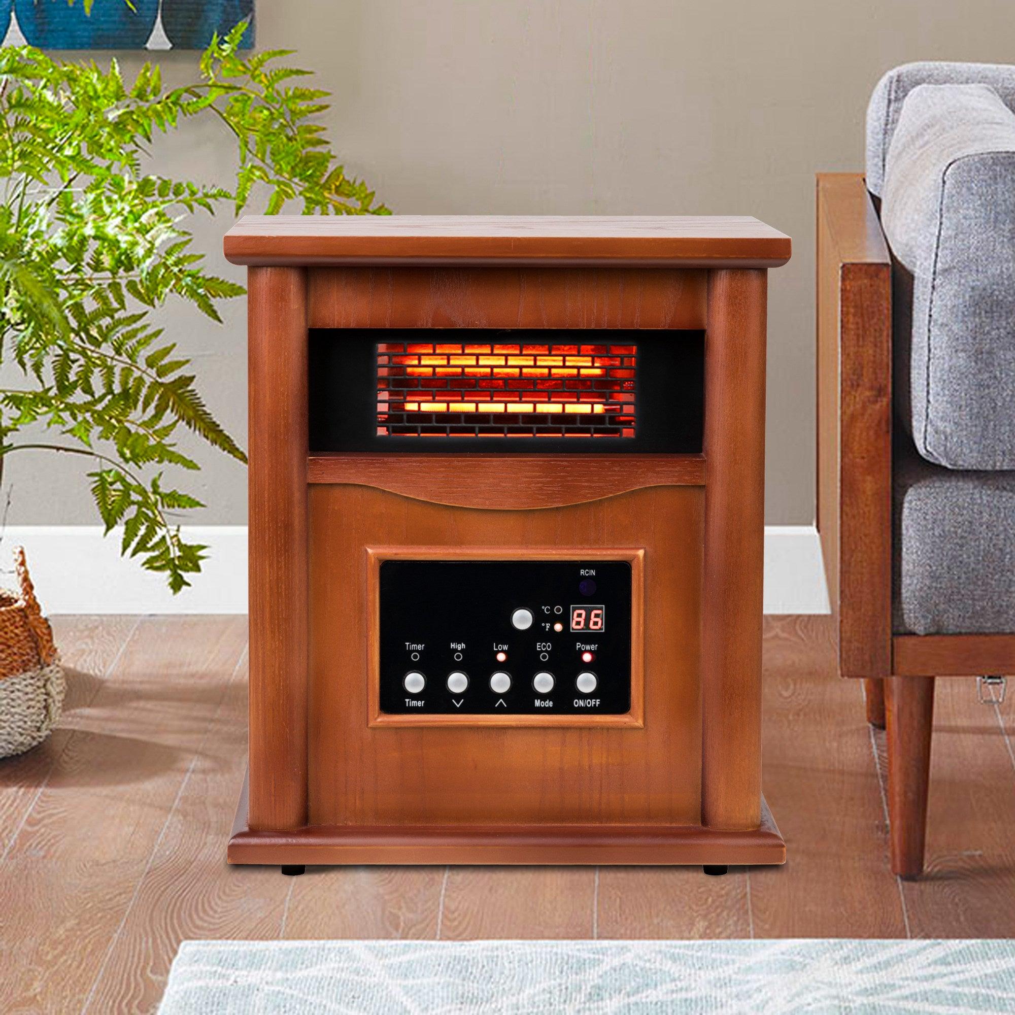 Calentador de madera infrarrojo de cuarzo de 1500 vatios con gabinete eléctrico, pantalla digital LED, control remoto y temporizador.