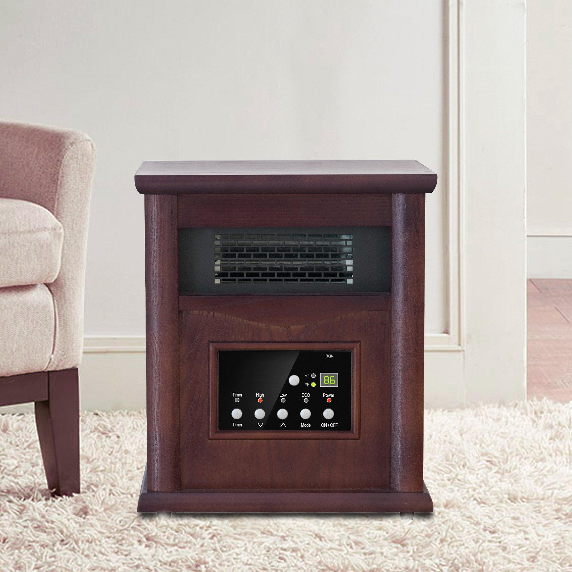 Calentador de madera infrarrojo de cuarzo de 1500 vatios con gabinete eléctrico, pantalla digital LED, control remoto y temporizador.