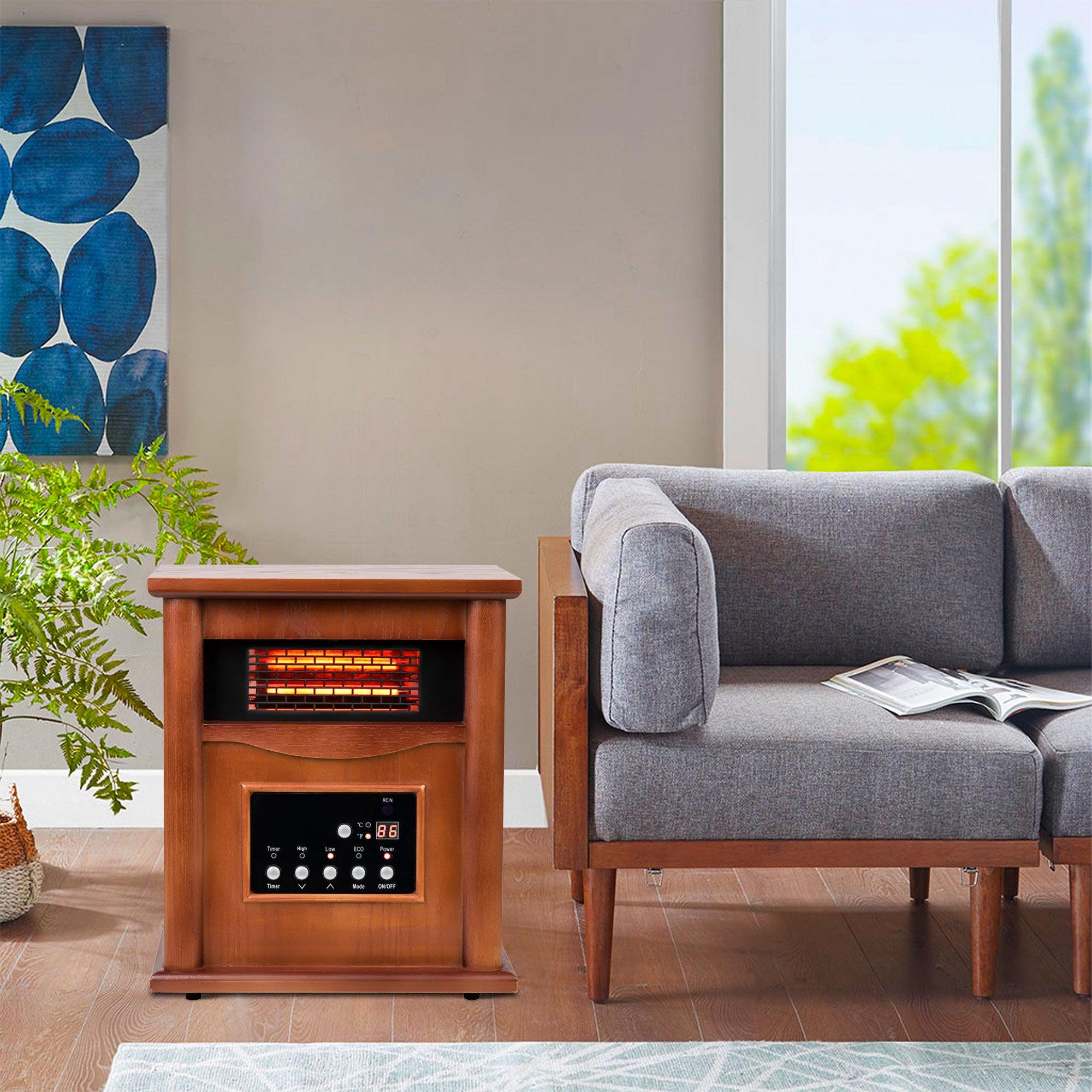 Calentador de madera infrarrojo de cuarzo de 1500 vatios con gabinete eléctrico, pantalla digital LED, control remoto y temporizador.
