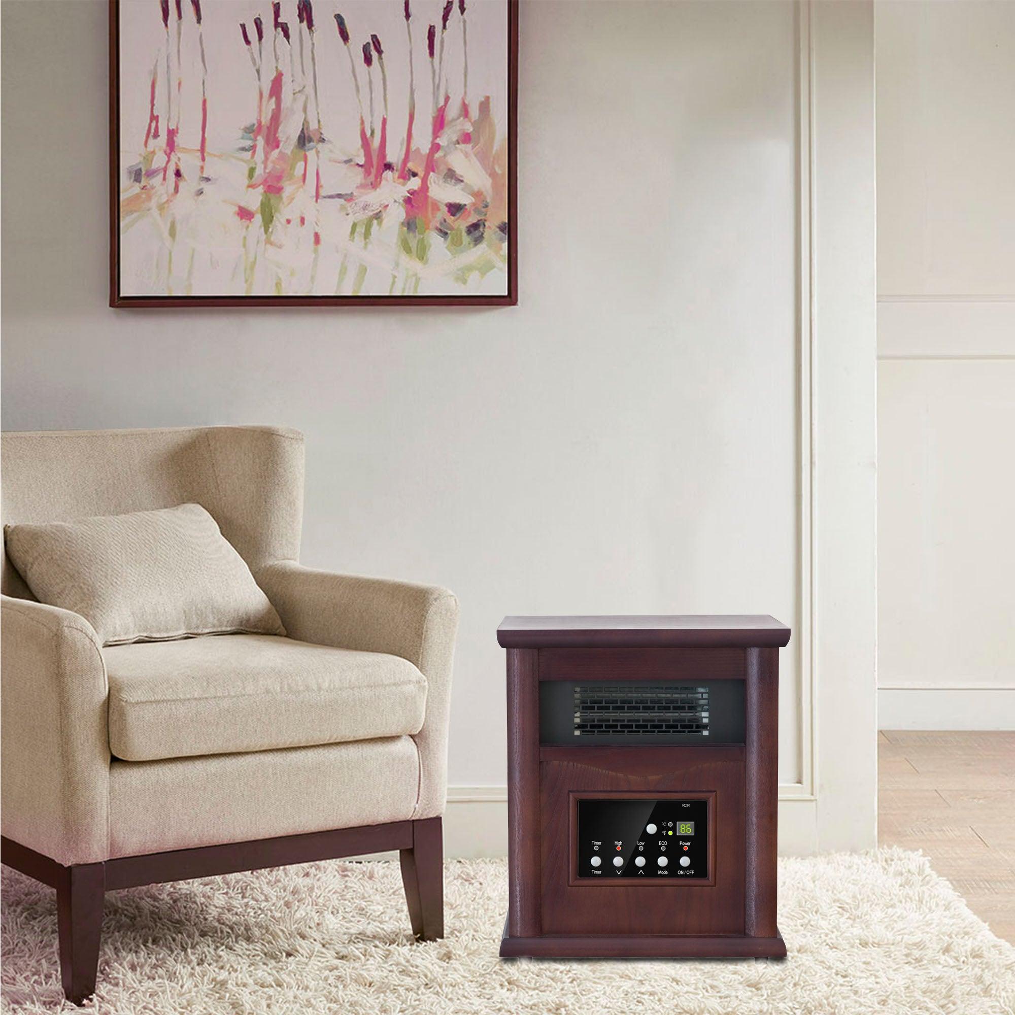 Calentador de madera infrarrojo de cuarzo de 1500 vatios con gabinete eléctrico, pantalla digital LED, control remoto y temporizador.