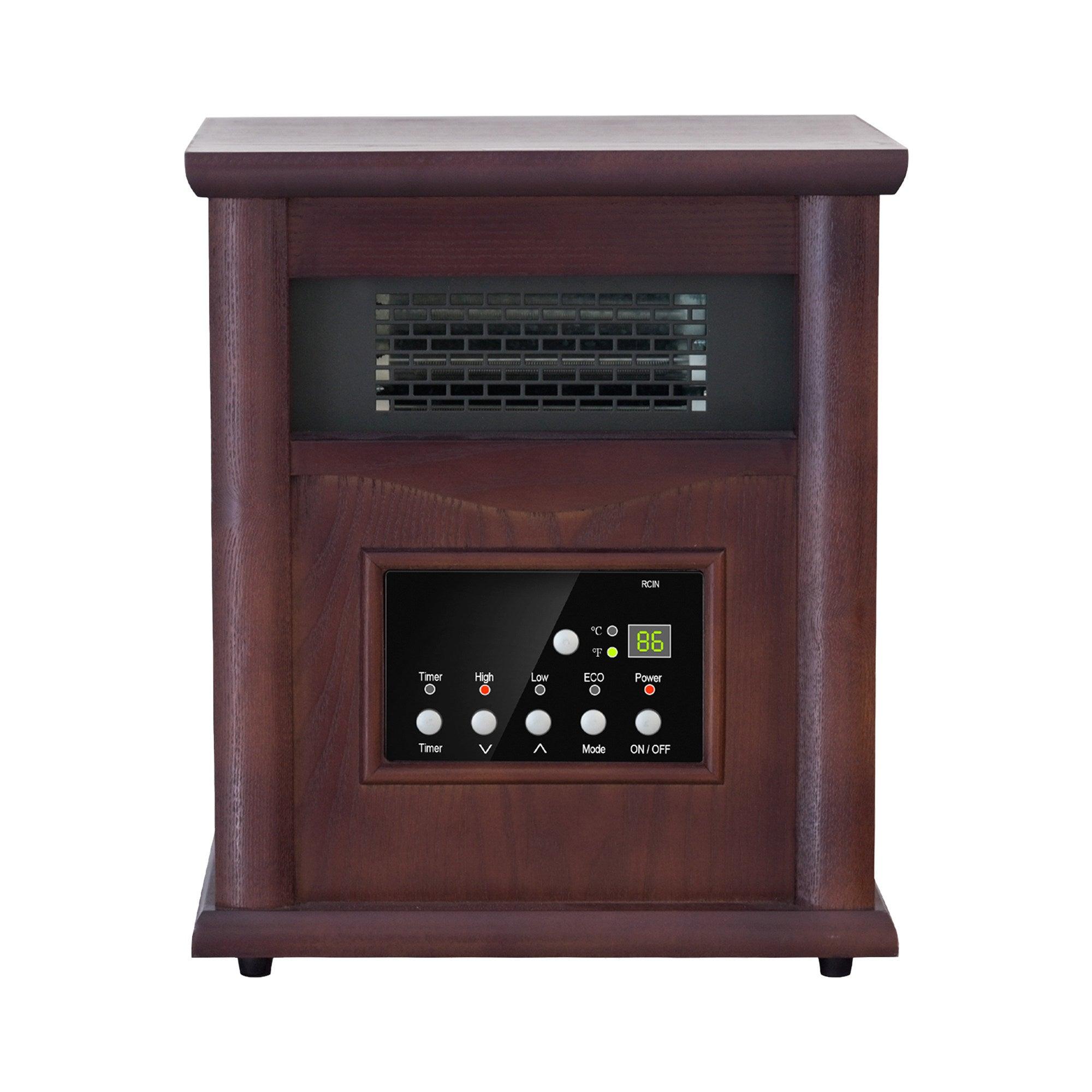 Calentador de madera infrarrojo de cuarzo de 1500 vatios con gabinete eléctrico, pantalla digital LED, control remoto y temporizador.