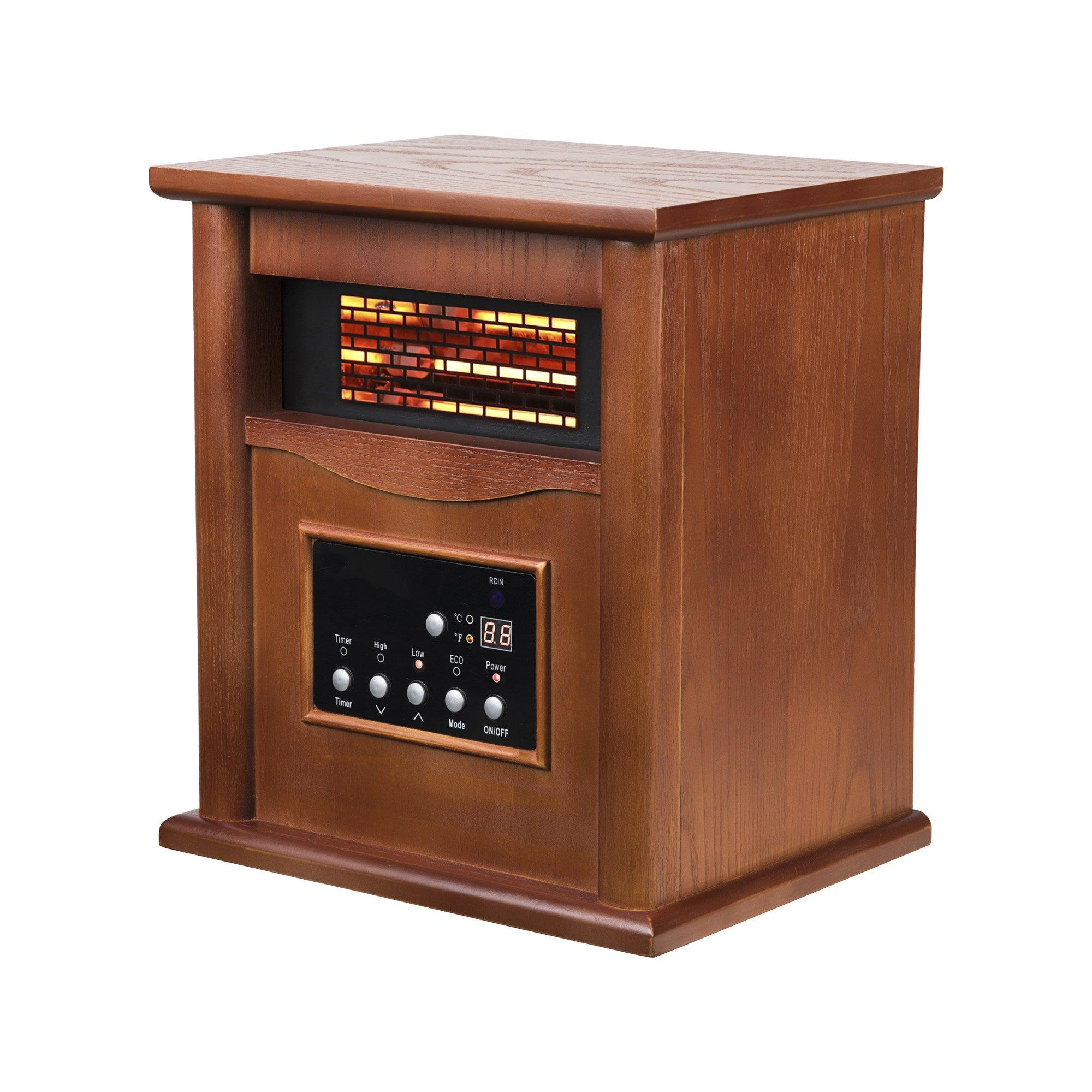 Calentador de madera infrarrojo de cuarzo de 1500 vatios con gabinete eléctrico, pantalla digital LED, control remoto y temporizador.