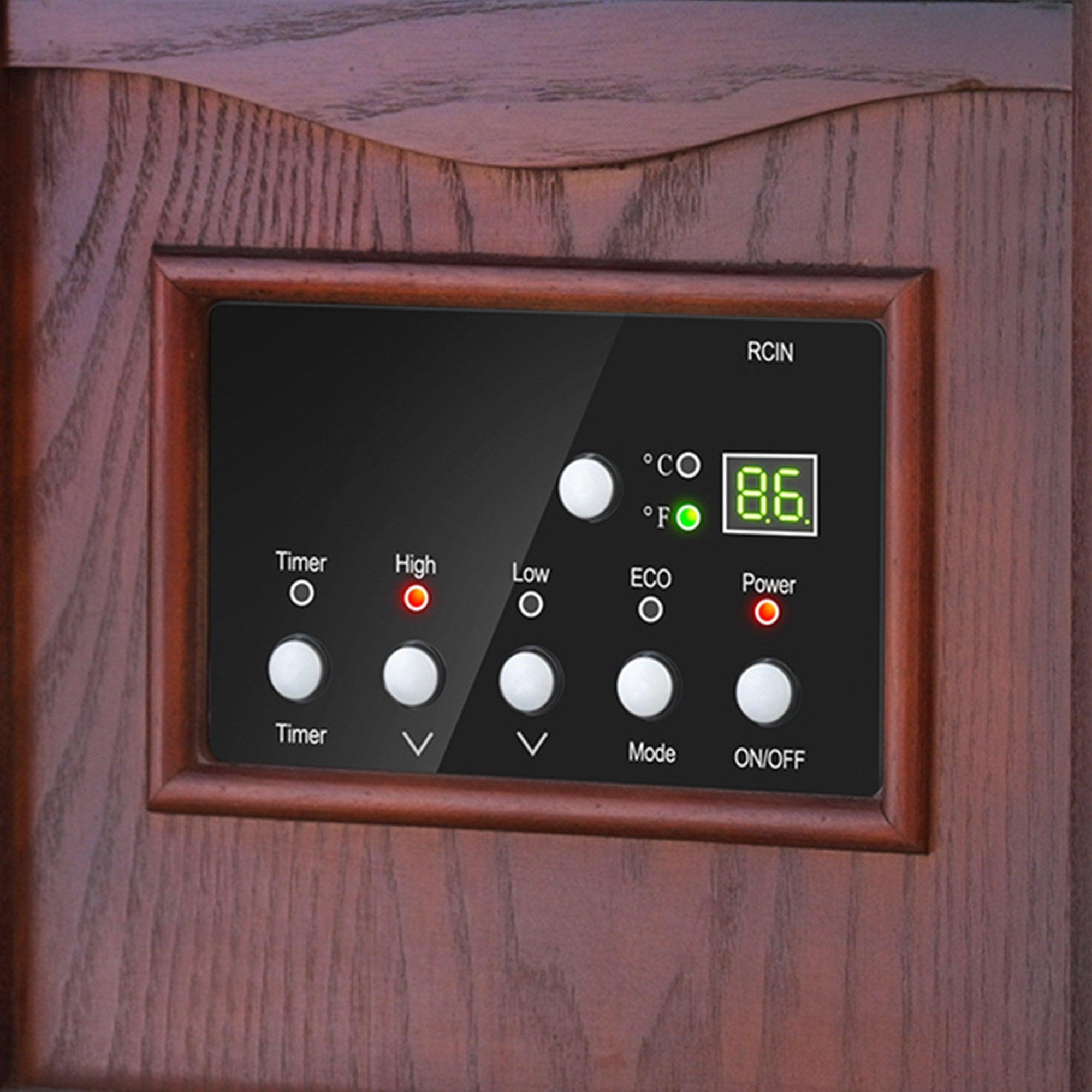 Calentador de madera infrarrojo de cuarzo de 1500 vatios con gabinete eléctrico, pantalla digital LED, control remoto y temporizador.