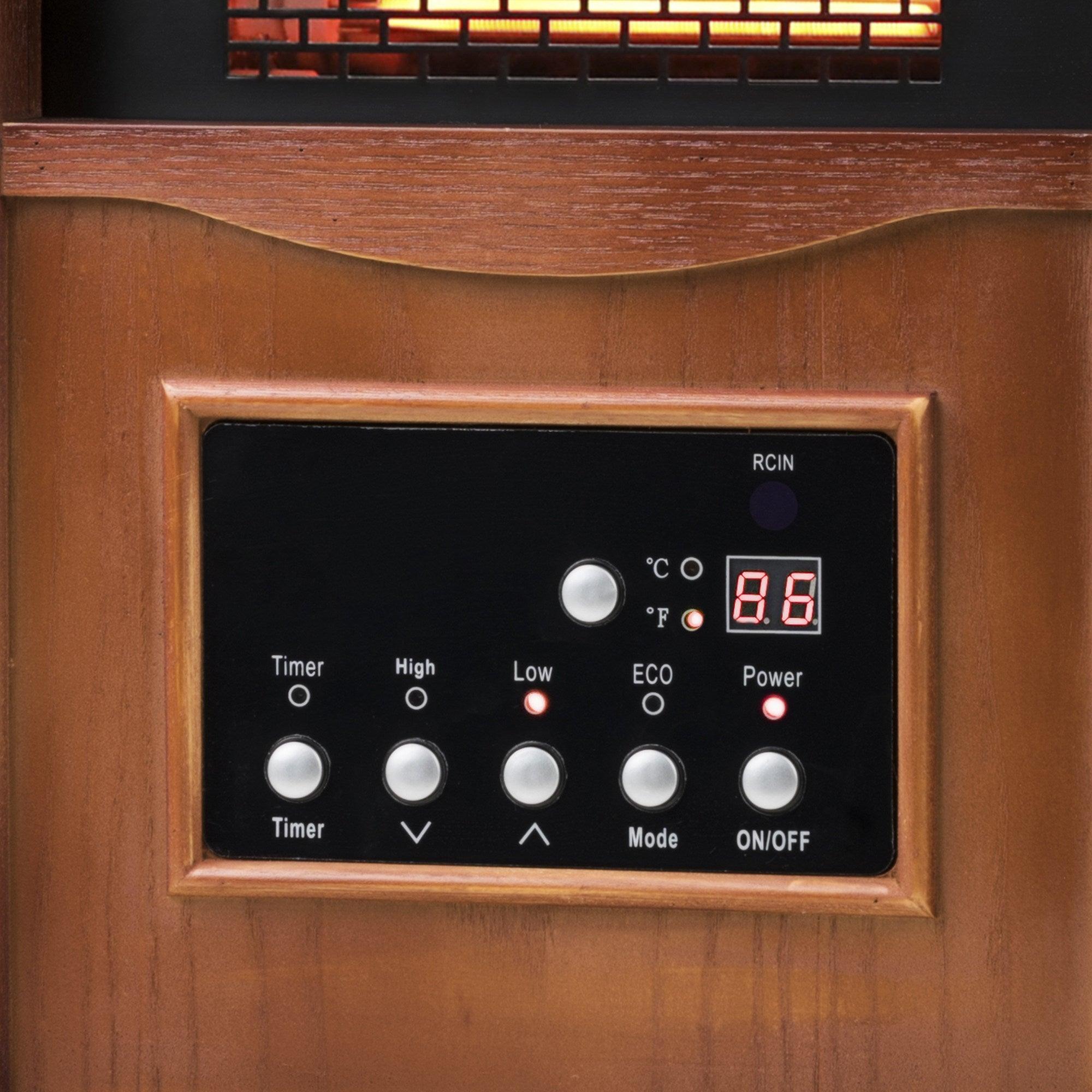 Calentador de madera infrarrojo de cuarzo de 1500 vatios con gabinete eléctrico, pantalla digital LED, control remoto y temporizador.