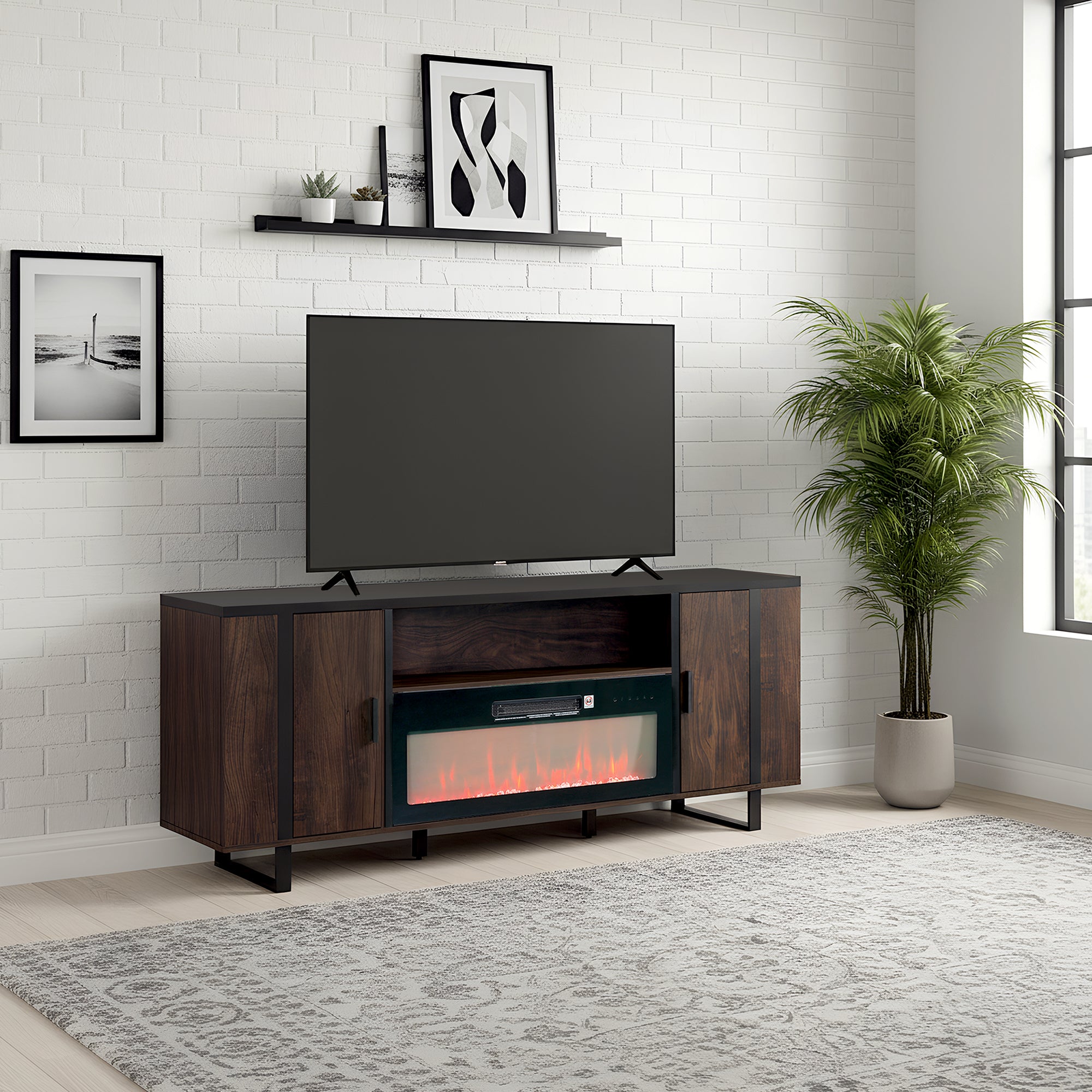 72 Inch Both Sides Open Shelves TV Stand with 36 Inch Electric Fireplace for Living Room
