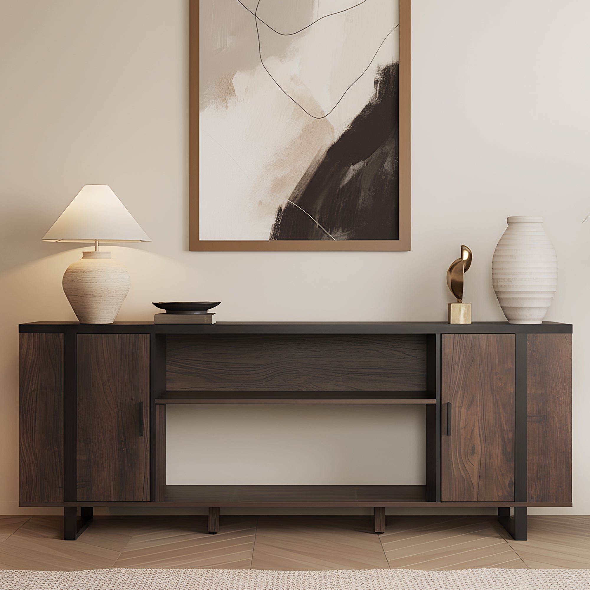 72 Inch Both Sides Open Shelves TV Stand with 36 Inch Electric Fireplace for Living Room