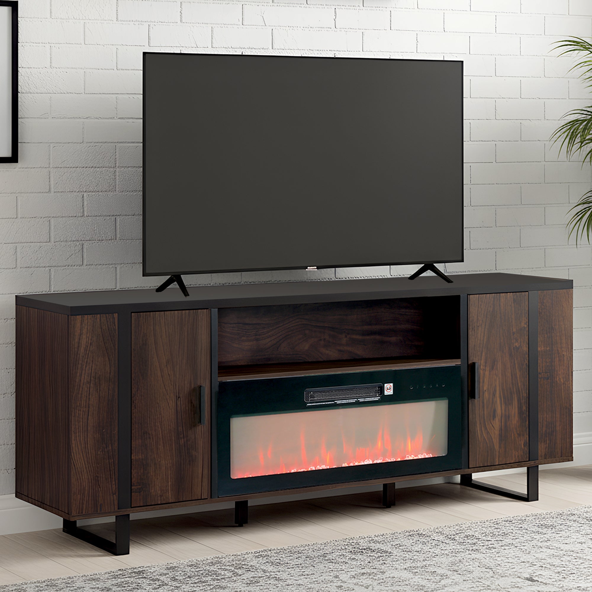 72 Inch Both Sides Open Shelves TV Stand with 36 Inch Electric Fireplace for Living Room