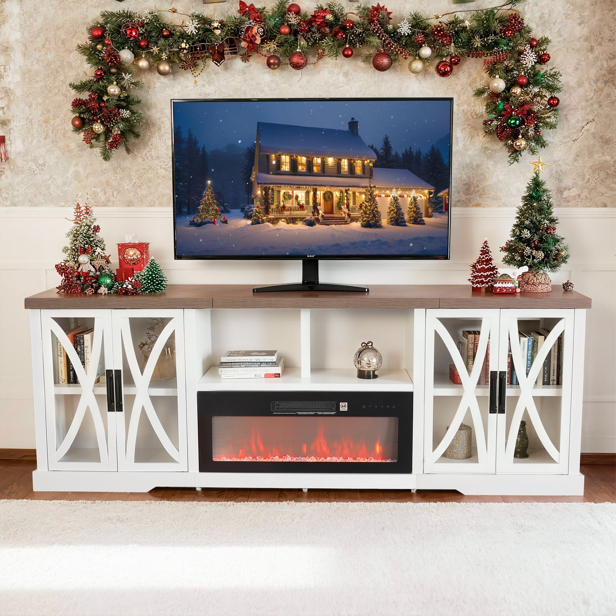 93 Inch TV Stand Storage Cabinets with 36 Inch Electric Fireplace for Living Room
