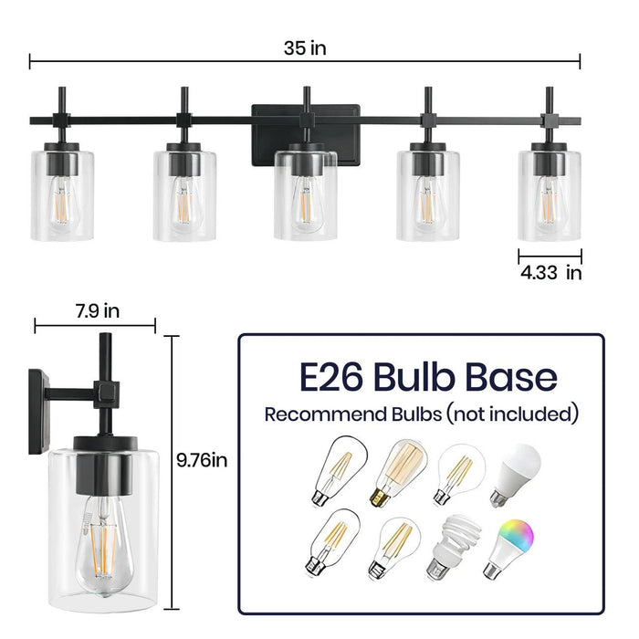 Lámpara de tocador lineal para baño Jasper Modern de 5 luces en níquel cepillado y vidrio transparente negro
