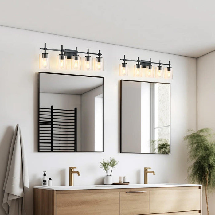 Lámpara de tocador lineal para baño Jasper Modern de 5 luces en níquel cepillado y vidrio transparente negro