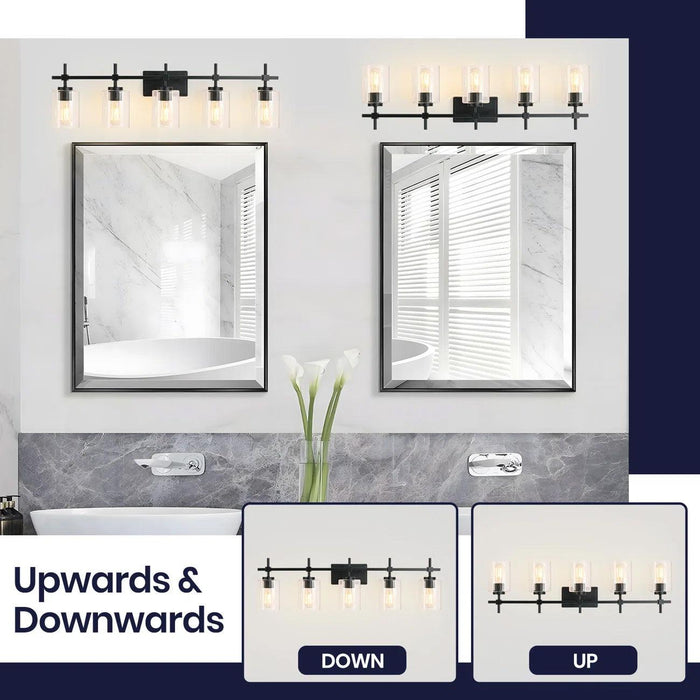 Lámpara de tocador lineal para baño Jasper Modern de 5 luces en níquel cepillado y vidrio transparente negro