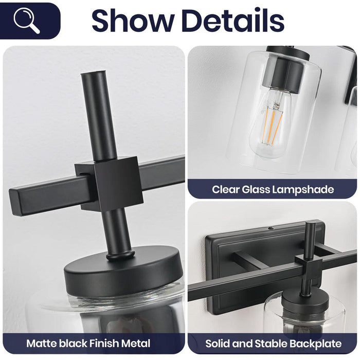 Lámpara de tocador lineal para baño Jasper Modern de 5 luces en níquel cepillado y vidrio transparente negro
