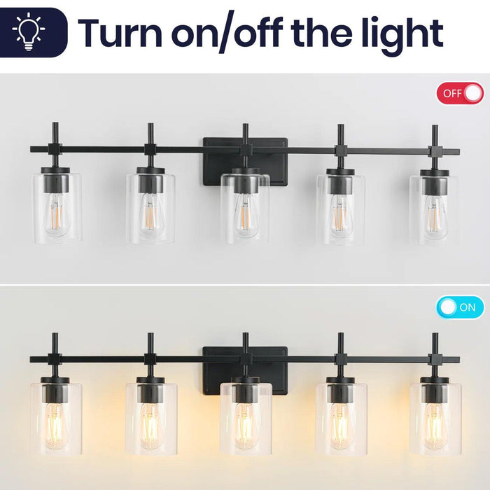 Lámpara de tocador lineal para baño Jasper Modern de 5 luces en níquel cepillado y vidrio transparente negro