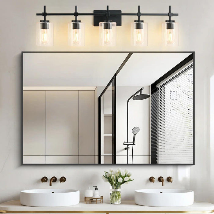 Lámpara de tocador lineal para baño Jasper Modern de 5 luces en níquel cepillado y vidrio transparente negro