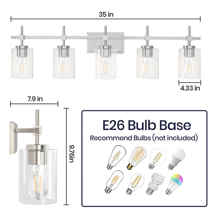 Lámpara de tocador lineal para baño Jasper Modern de 5 luces en níquel cepillado y vidrio transparente negro