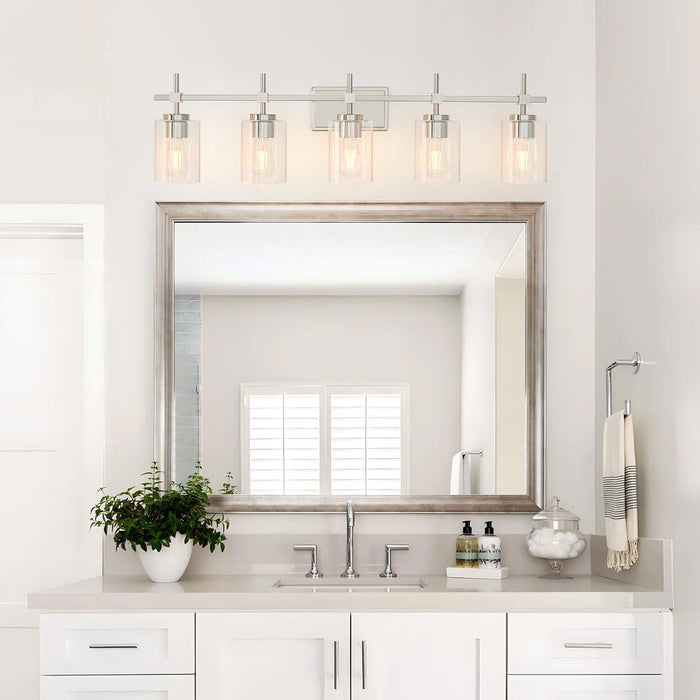 Lámpara de tocador lineal para baño Jasper Modern de 5 luces en níquel cepillado y vidrio transparente negro