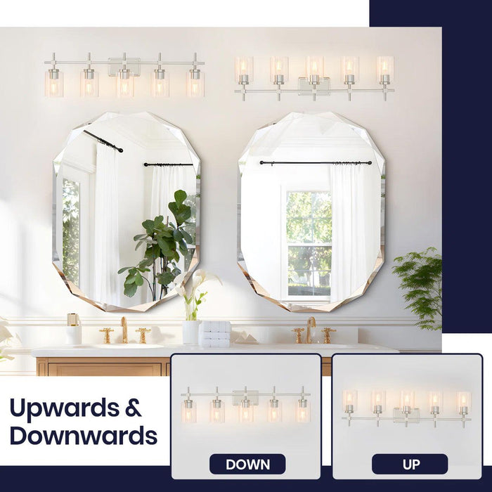 Lámpara de tocador lineal para baño Jasper Modern de 5 luces en níquel cepillado y vidrio transparente negro