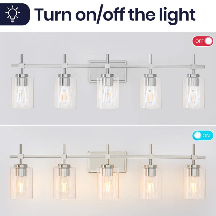 Lámpara de tocador lineal para baño Jasper Modern de 5 luces en níquel cepillado y vidrio transparente negro