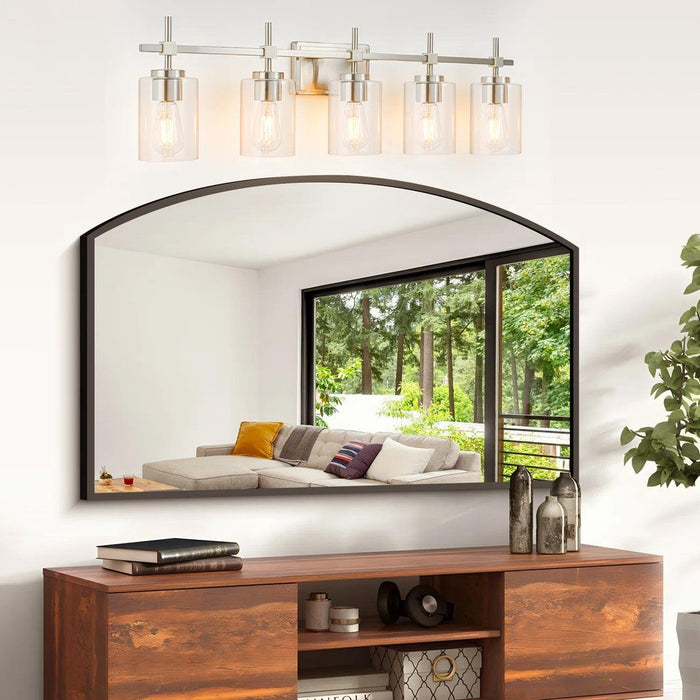Lámpara de tocador lineal para baño Jasper Modern de 5 luces en níquel cepillado y vidrio transparente negro