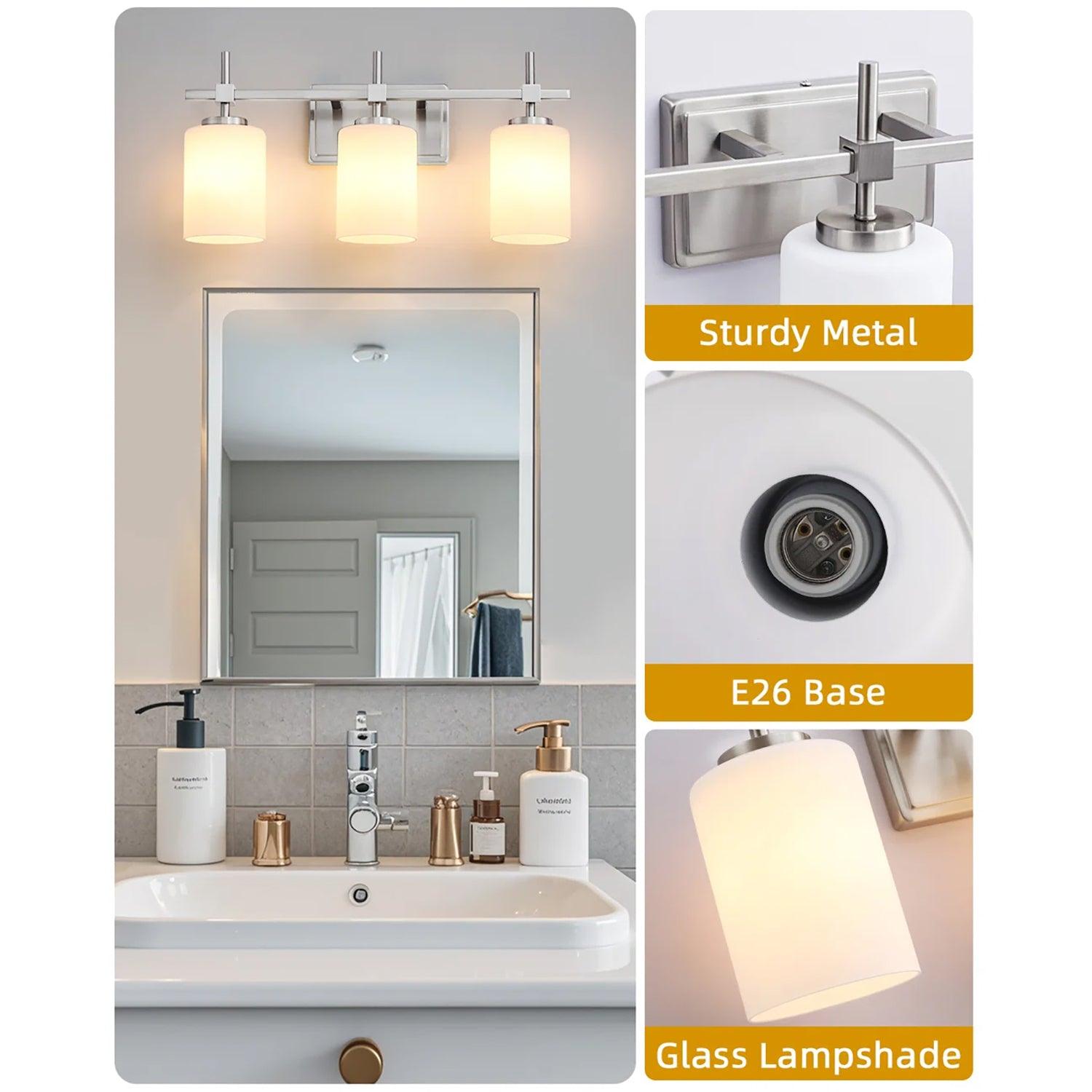 Lámpara de tocador de baño moderna de 3 luces de vidrio esmerilado en color dorado jaspeado