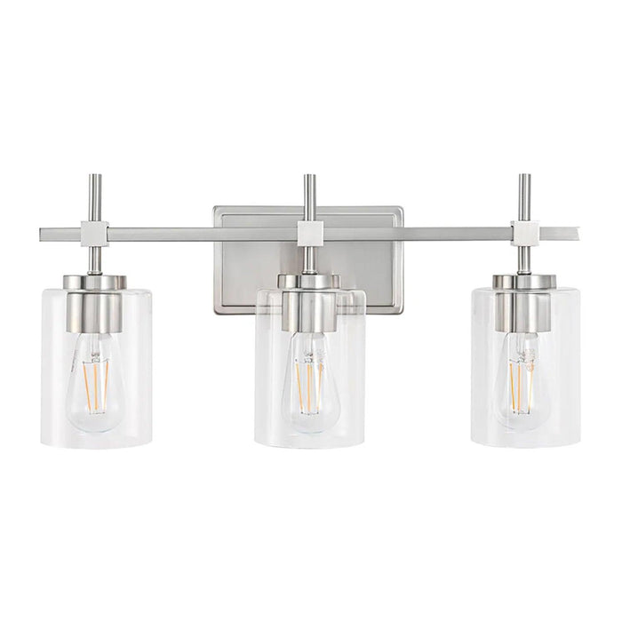 Lámpara de tocador de baño moderna Jasper de 3 luces de vidrio transparente, negra y níquel