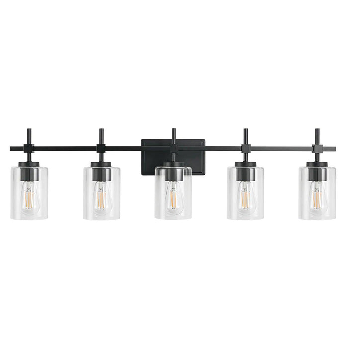 Lámpara de tocador lineal para baño Jasper Modern de 5 luces en níquel cepillado y vidrio transparente negro