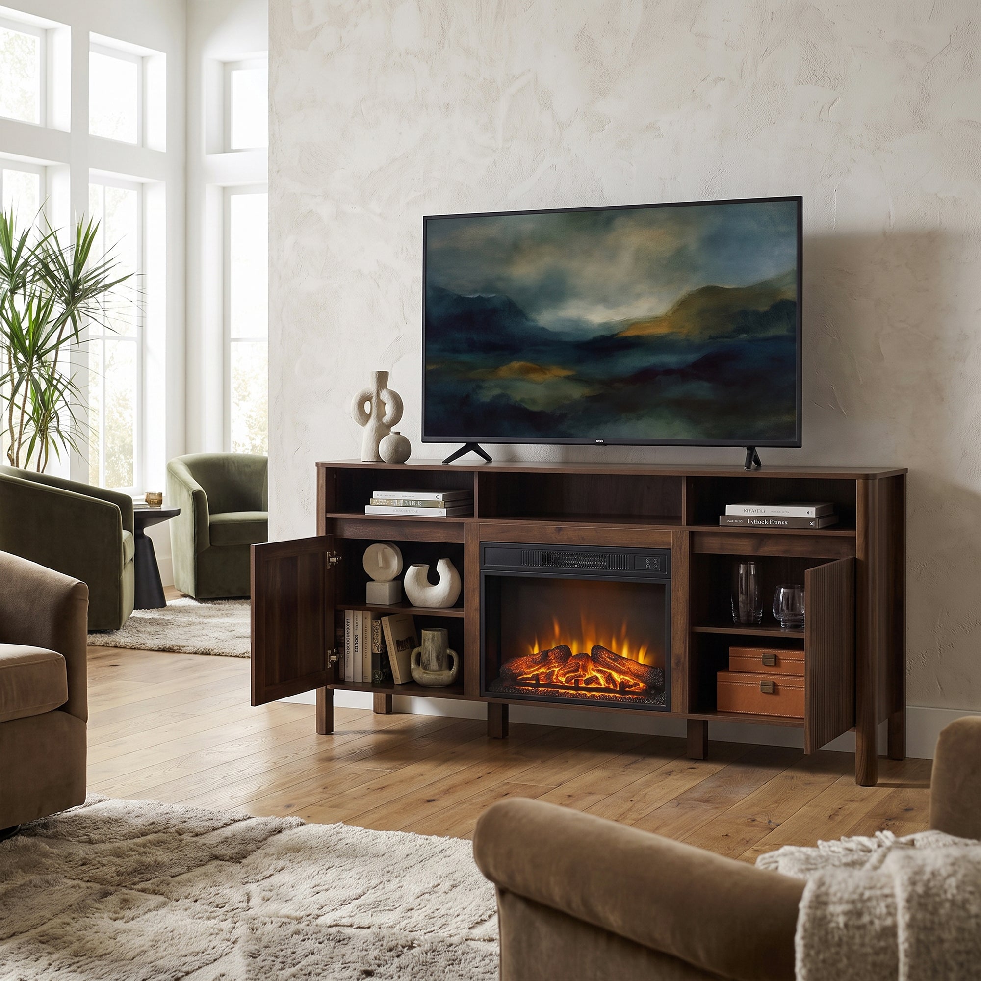 68 Inch Entertainment Center TV Stand with Storage Cabinets & Optional 24 Inch Electric Fireplace