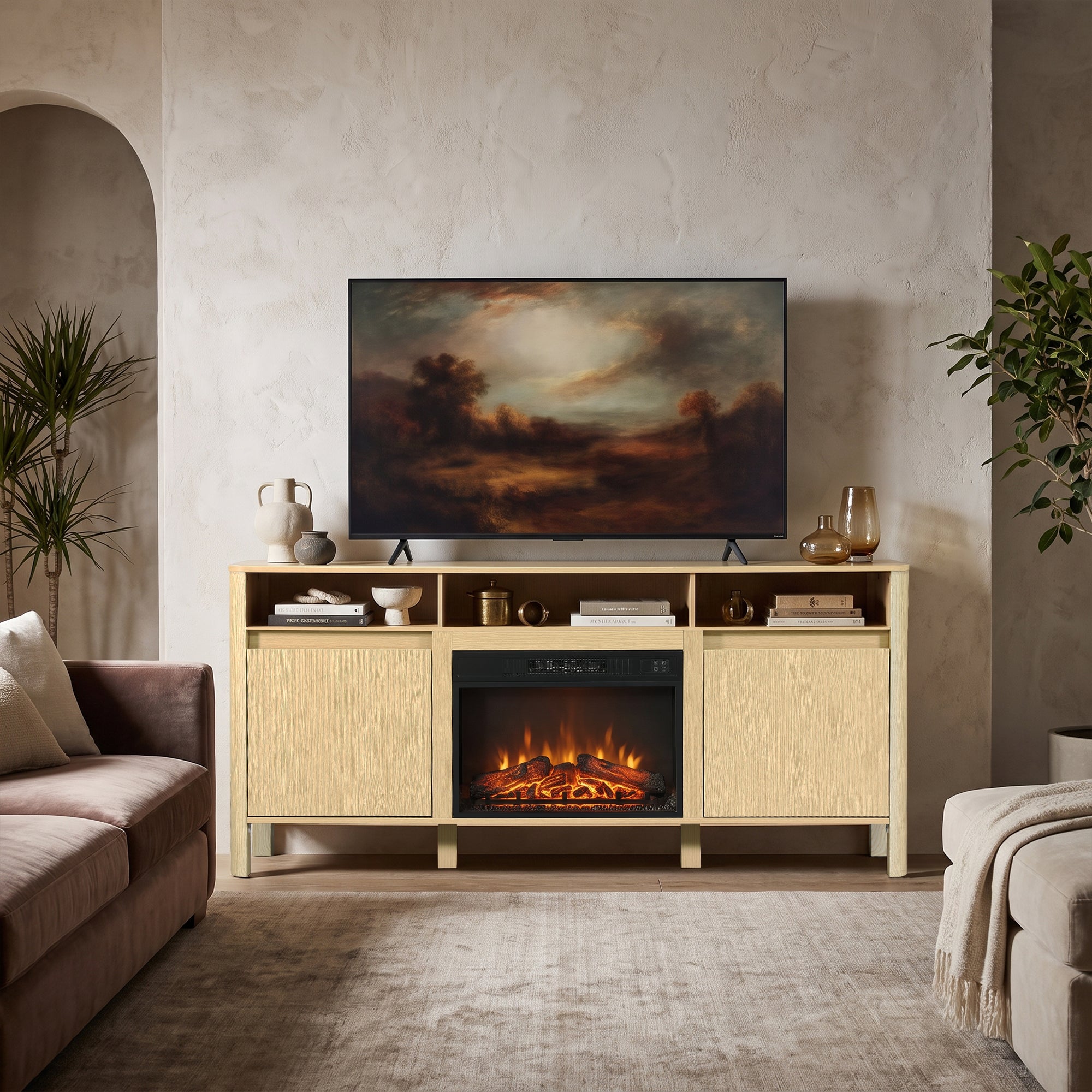 68 Inch Entertainment Center TV Stand with Storage Cabinets & Optional 24 Inch Electric Fireplace
