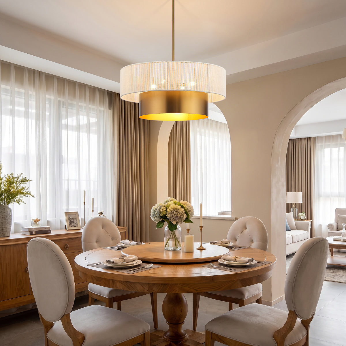 Elva 5-Light Vintage Brass Chandelier with Cotton Rope Drum Shade