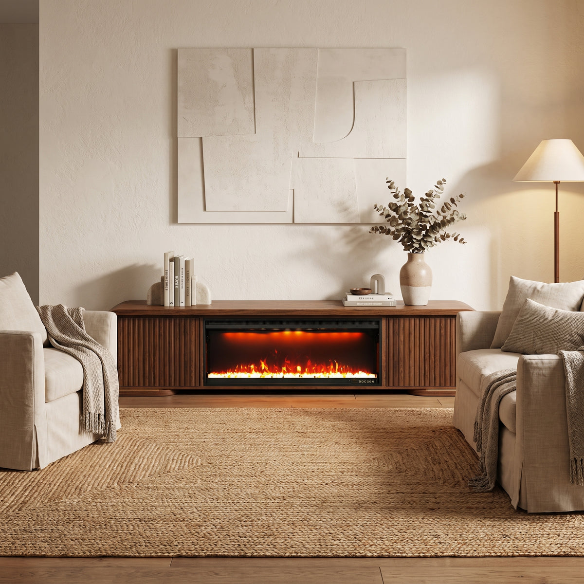 Modern Walnut TV Stand & Coffee Table with Color-Changing LED Lights, Optional 36-Inch Electric Fireplace