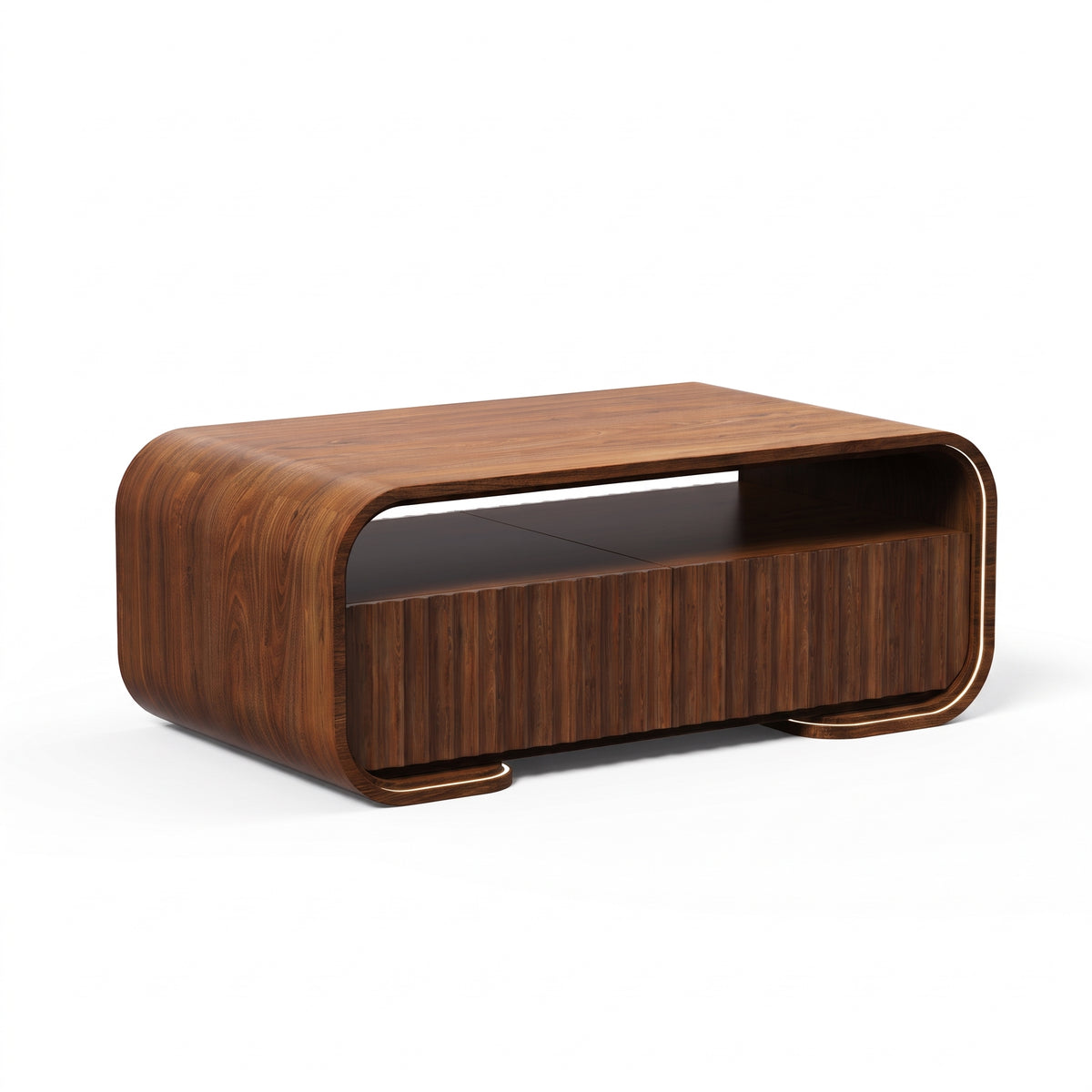 Modern Walnut TV Stand & Coffee Table with Color-Changing LED Lights, Optional 36-Inch Electric Fireplace