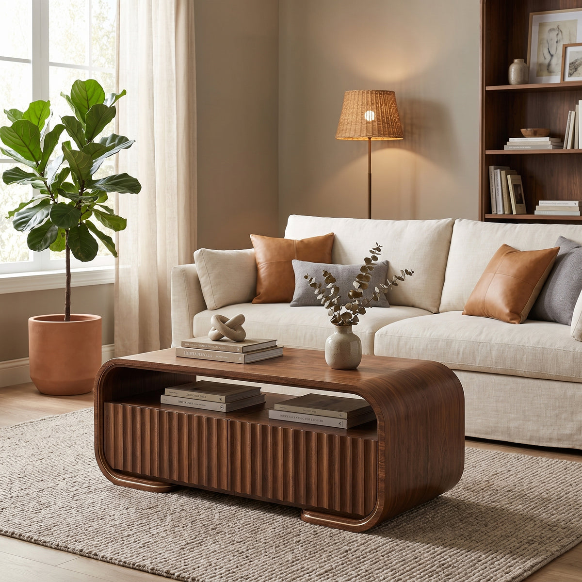 Modern Walnut TV Stand & Coffee Table with Color-Changing LED Lights, Optional 36-Inch Electric Fireplace