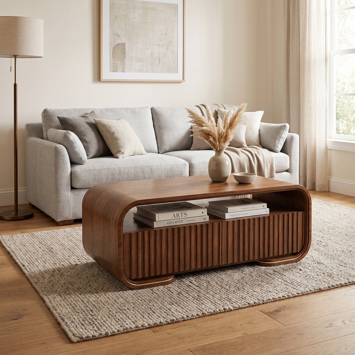 Modern Walnut TV Stand & Coffee Table with Color-Changing LED Lights, Optional 36-Inch Electric Fireplace