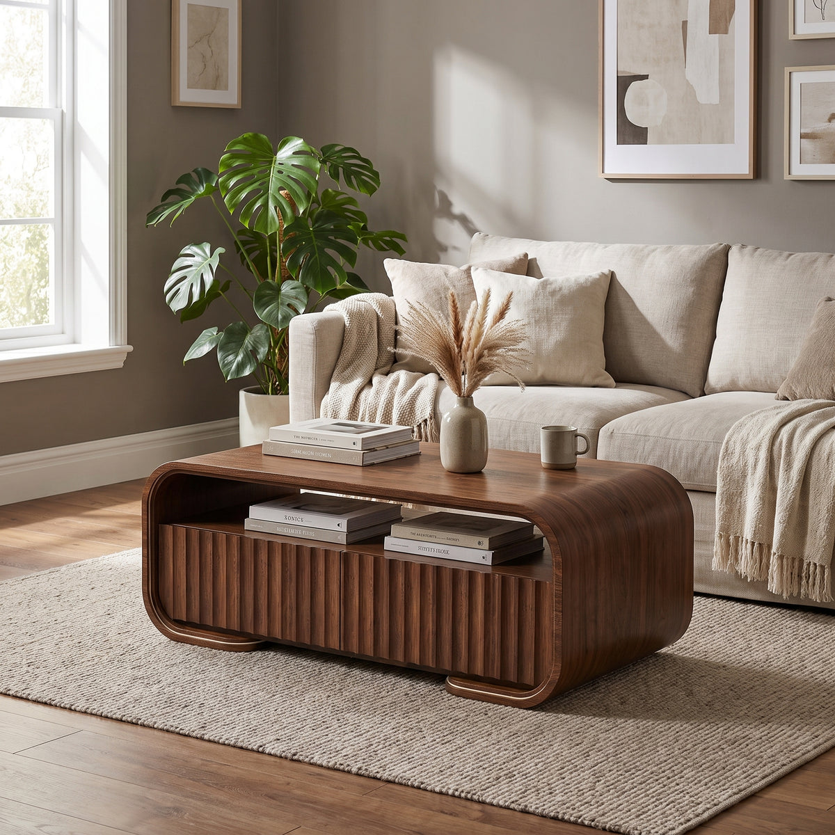 Modern Walnut TV Stand & Coffee Table with Color-Changing LED Lights, Optional 36-Inch Electric Fireplace