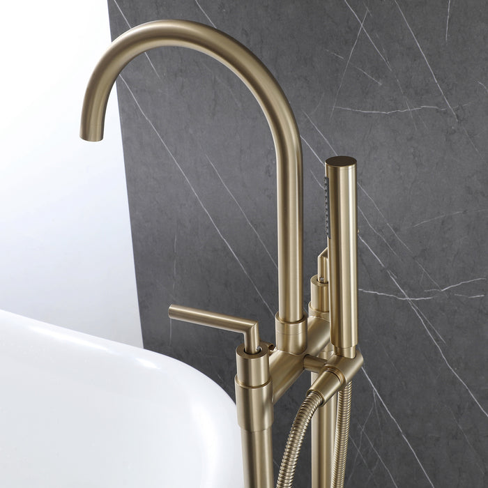 Double Handle Floor Mounted Clawfoot 2-Function Bathtub Faucet with Handshower, Black and Golden