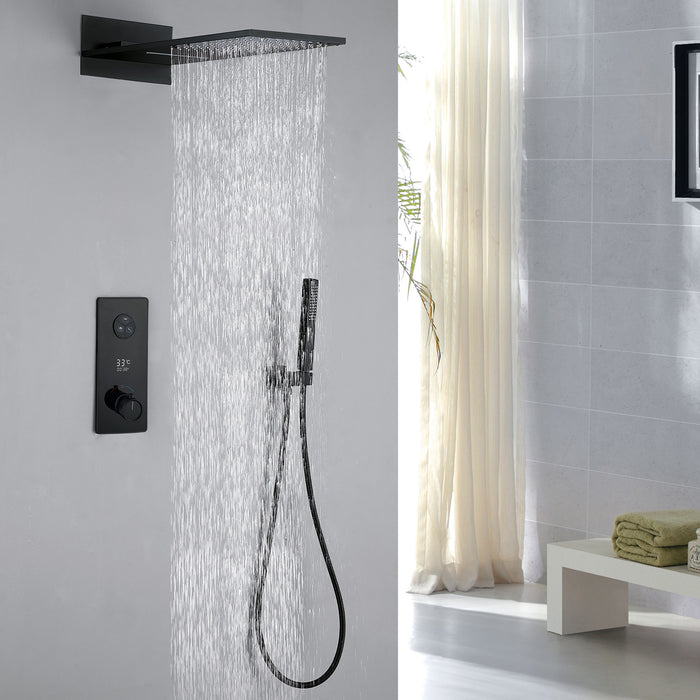 Matte Black Smart Digital Display Panel Thermostatic Shower System Button 3-Function Bathroom Shower with Rain Shower Faucet and Hand Shower Set
