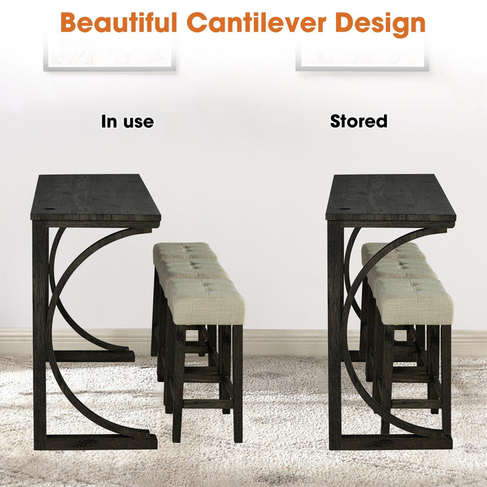 Juego de mesa de comedor y bar rústico de 59" con 3 taburetes para apartamento, puertos de carga USB-A y USB-C