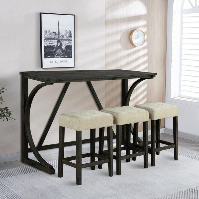 Juego de mesa de comedor y bar rústico de 59" con 3 taburetes para apartamento, puertos de carga USB-A y USB-C