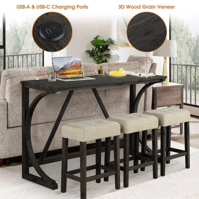 Juego de mesa de comedor y bar rústico de 59" con 3 taburetes para apartamento, puertos de carga USB-A y USB-C
