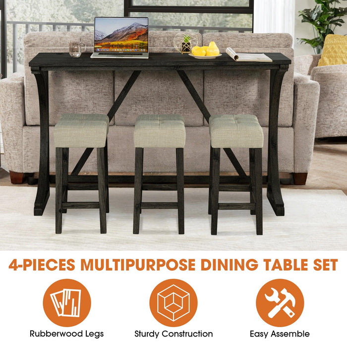Juego de mesa de comedor y bar rústico de 59" con 3 taburetes para apartamento, puertos de carga USB-A y USB-C