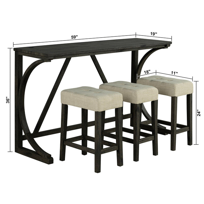 Juego de mesa de comedor y bar rústico de 59" con 3 taburetes para apartamento, puertos de carga USB-A y USB-C