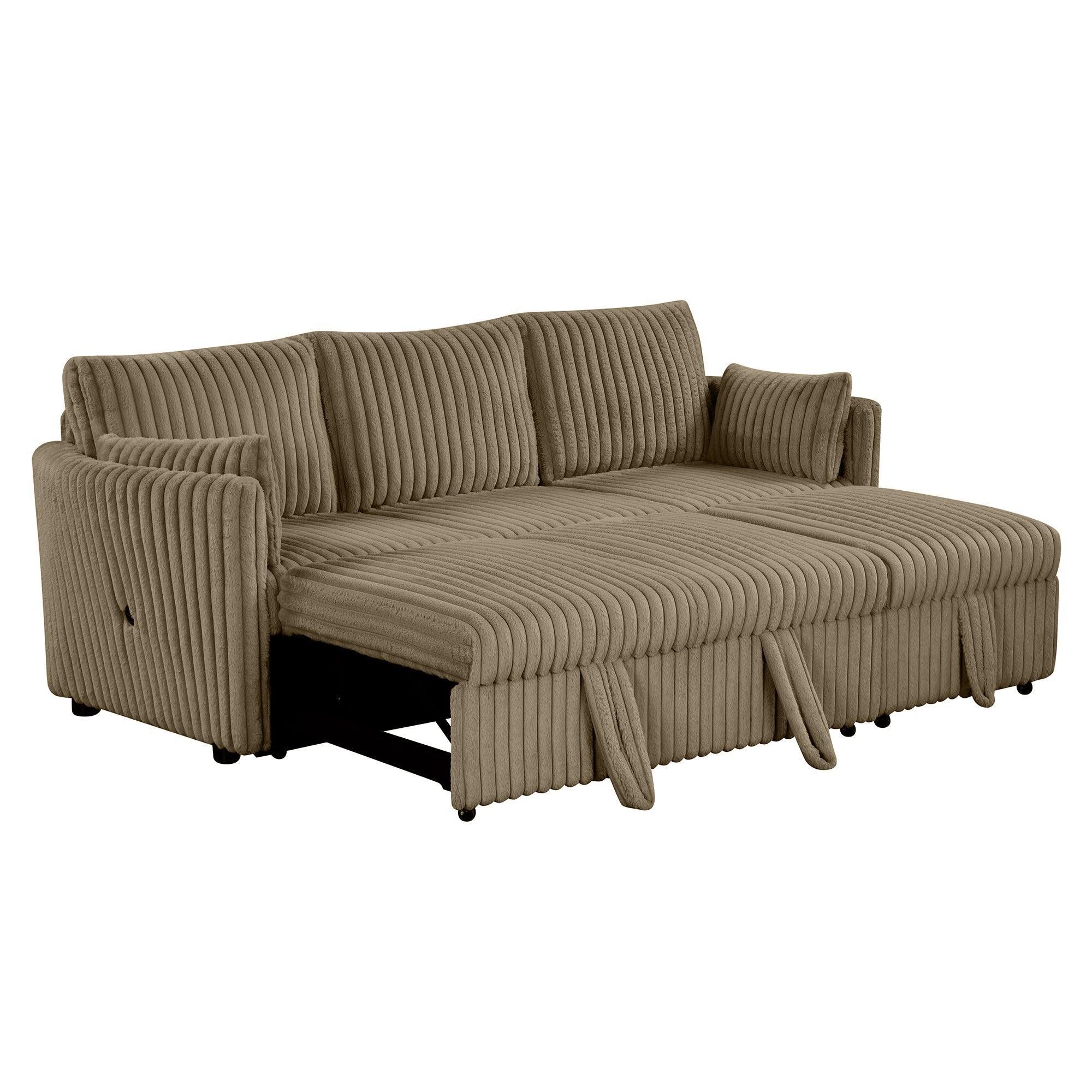 Sofá cama seccional convertible extragrande de piel sintética marrón, sofá cama y sillón extraíble con 2 almohadas y puertos de carga USB para sala de estar.
